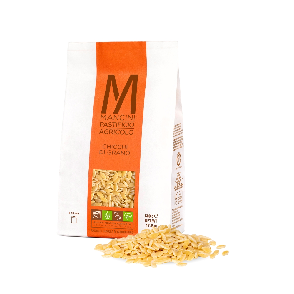 Immagine del pack da 500 g dei chicchi di Grano di Pasta Mancini
